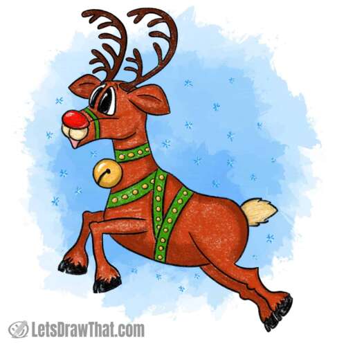 How to draw Rudolph: finished drawing coloured-in