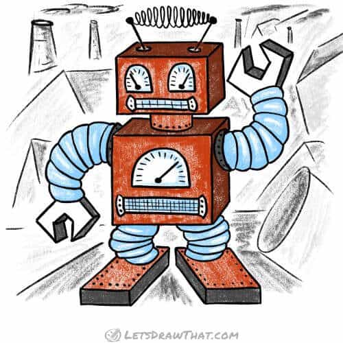 How to draw a robot: finished square robot drawing coloured-in