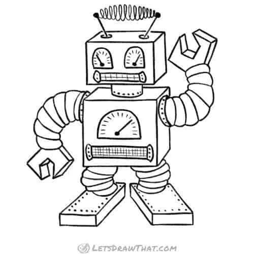 How to draw a robot: finished square robot outline drawing