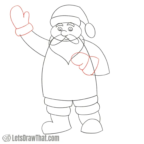 Drawing step: Draw Santa's mitten gloves