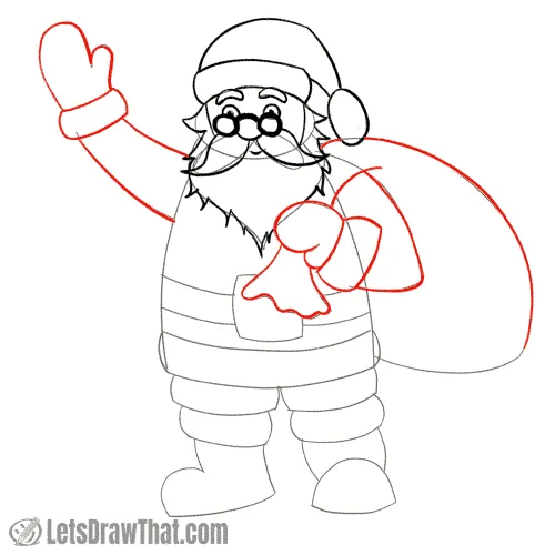 Drawing step: Draw Santa's arms and bag