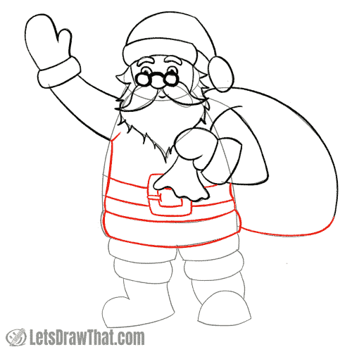 Drawing step:  Draw Santa's coat and belt