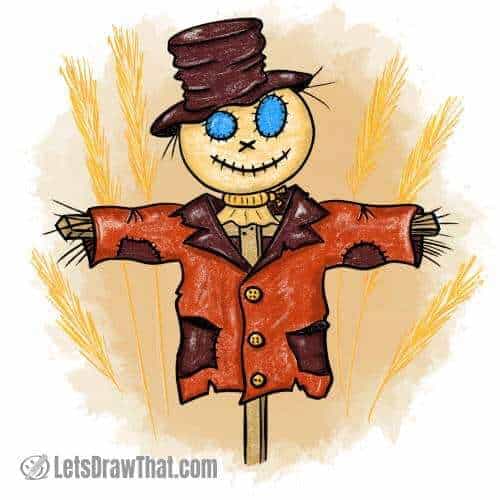 How to draw a scarecrow: finished colour drawing