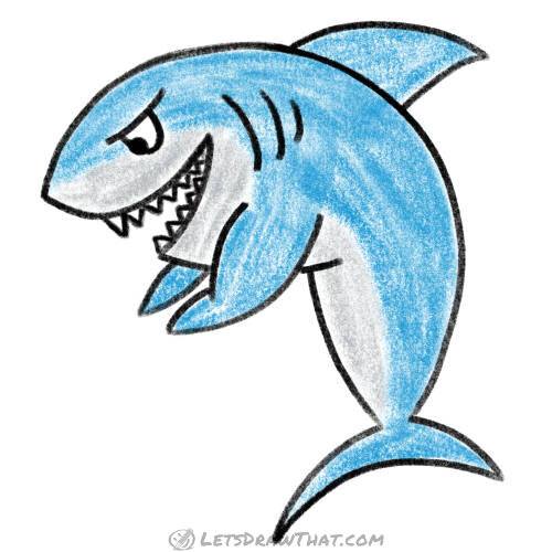 How to draw a shark in the cartoon style: finished drawing coloured-in