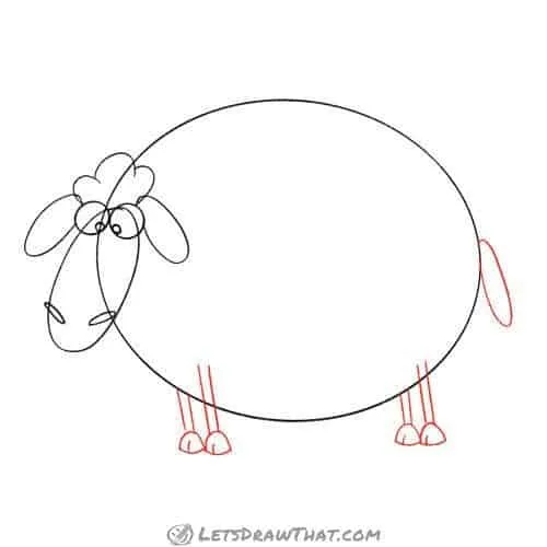 Drawing step: Draw the sheep's legs and tail