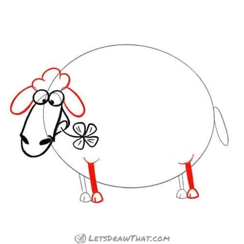 Drawing step: Draw the sheep's hairdo, ears and front legs