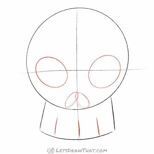 Drawing step: Sketch eye and nose sockets and teeth