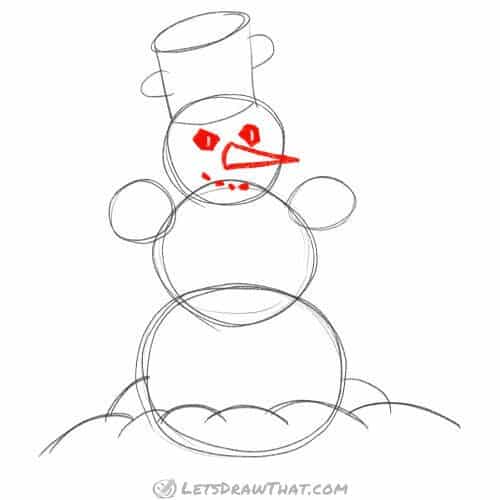 Drawing step: Draw the snowman’s face