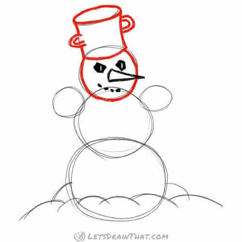 Drawing step: Draw the snowman's hat and head