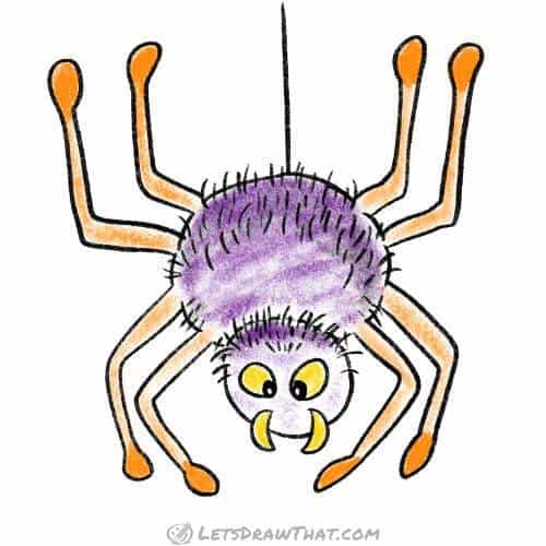 How to draw a cartoon spider: finished drawing coloured-in