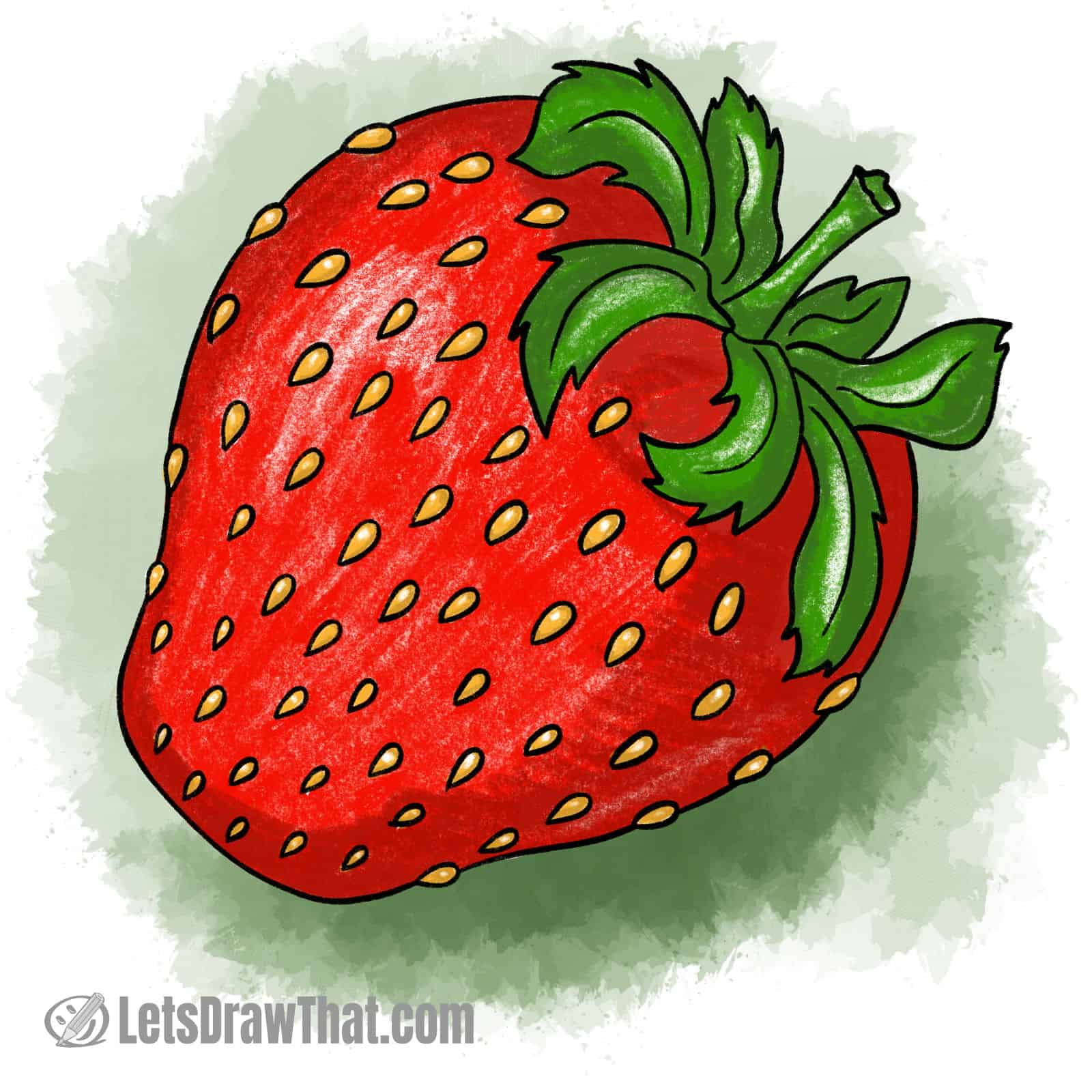 How to draw a strawberry: finished strawberry drawing coloured-in