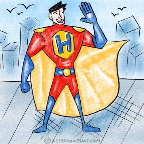 How to draw a superhero: finished drawing coloured-in