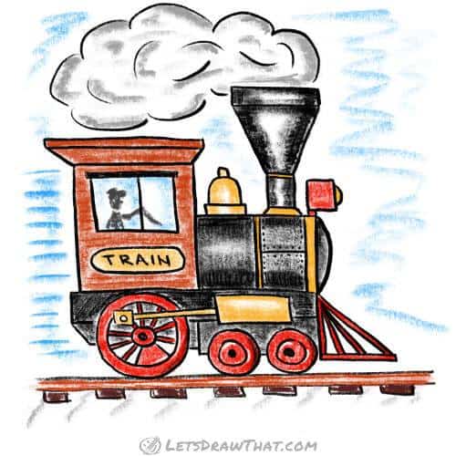 How to draw a train steam locomotive: finished drawing coloured-in