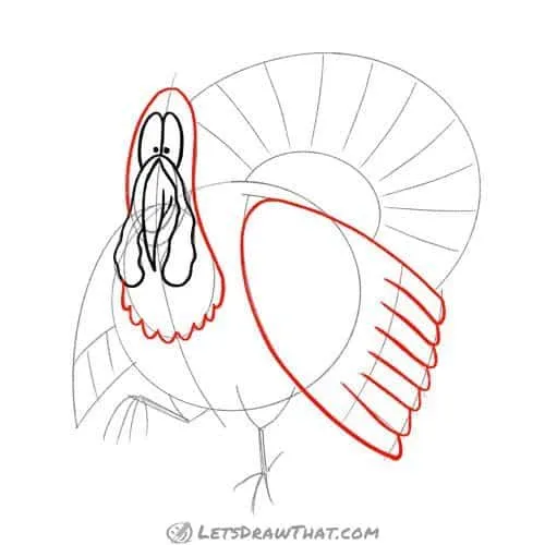 Drawing step: Draw the turkey's head and wing