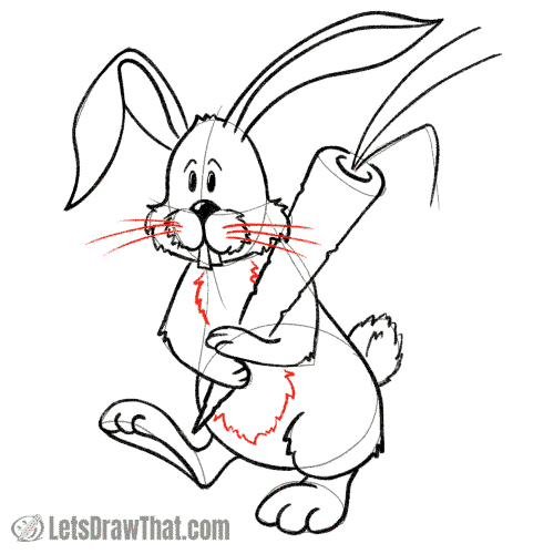 Drawing step: Draw the bunny's whiskers and chest fur