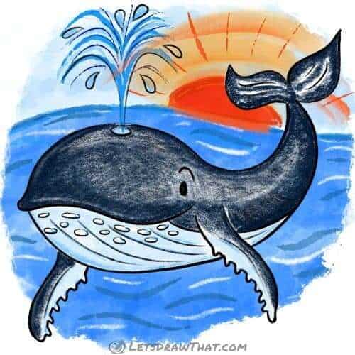 How to draw a whale: finished drawing coloured-in