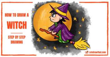 How to draw a witch: a cute cartoon witch drawing for Halloween - step-by-step-drawing tutorial featured image